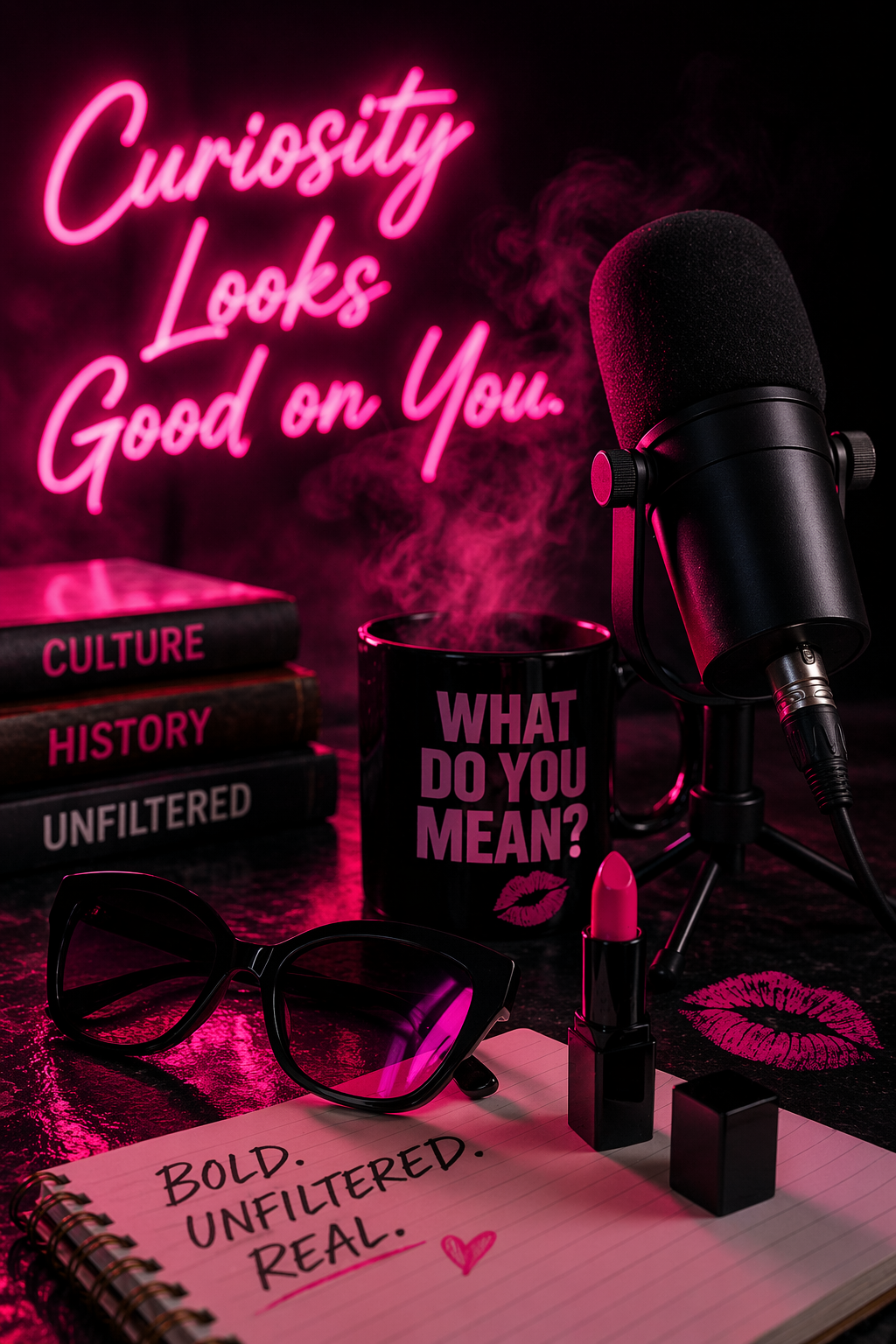 A neon pink sign that reads 'Curiosity Looks Good on You' in the background. On a dark table, there are two books with the titles 'Culture,' 'History,' and 'Unfiltered,' a black mug with pink text 'What Do You Mean?' and lips graphic, a pair of black sunglasses, a notebook with handwritten words 'Bold. Unfiltered. Real.', a pink lipstick, a black microphone, and pink lipstick kisses on the table