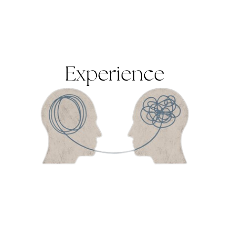 Two human silhouettes with tangled lines inside their heads, connected by a single wire, symbolizing communication or mental connection.
