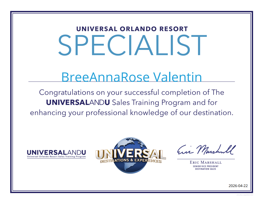 Certificate of completion for BreeAnnaRose Valentin from Universal Orlando Resort Sales Training Program, signed by Eric Marshall, dated April 22, 2026.
