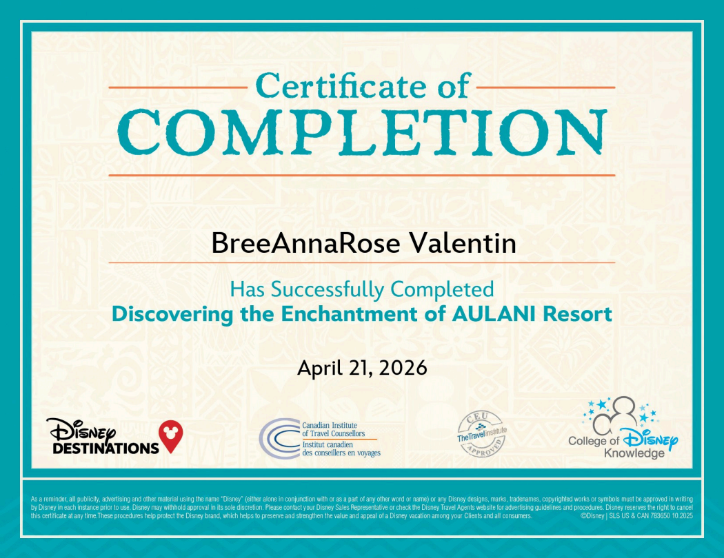 Certificate of completion awarded to BreeAnnaRose Valentin for discovering the enchantment of AULANI Resort, dated April 21, 2026.