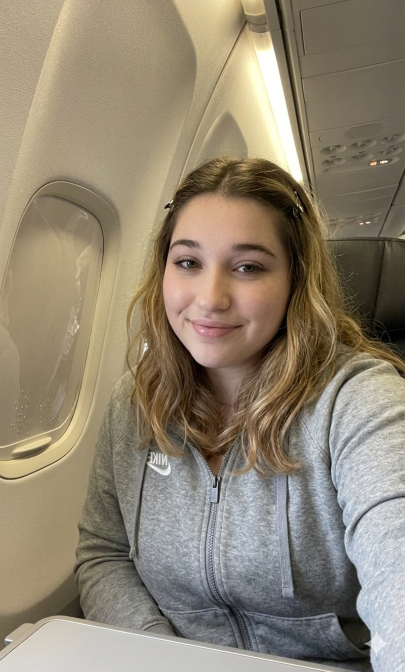 A young woman with wavy, shoulder-length hair and a slight smile, sitting on an airplane next to the window, wearing a gray Nike zip-up hoodie.