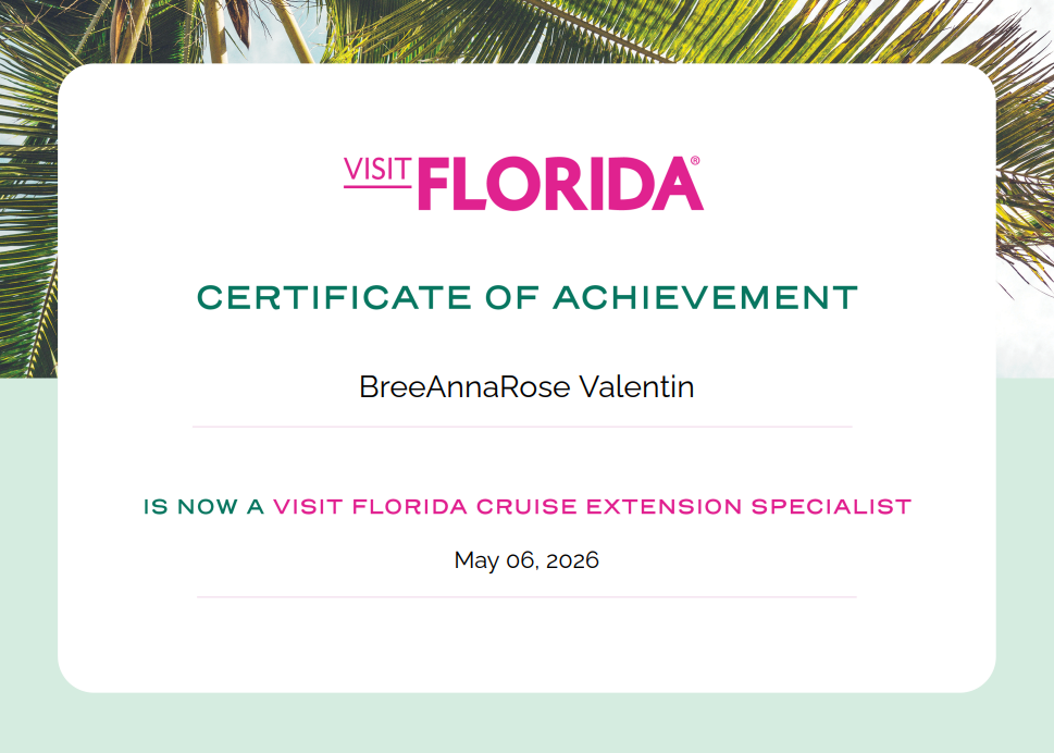 Certificate of achievement for BreeAnnaRose Valentin, recognizing her as a Visit Florida cruise extension specialist, dated May 6, 2026, with a background of palm tree leaves.