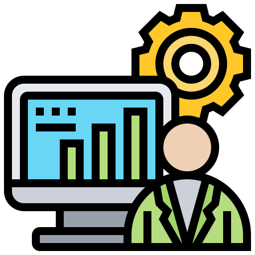 Illustration of a person in business attire with a computer monitor displaying a bar graph, and a large yellow gear symbol in the background.