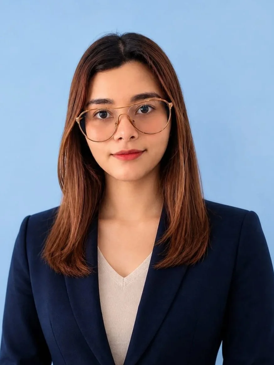 A young woman with shoulder-length brown hair wearing glasses, a navy blazer, and a light-colored top against a blue background.