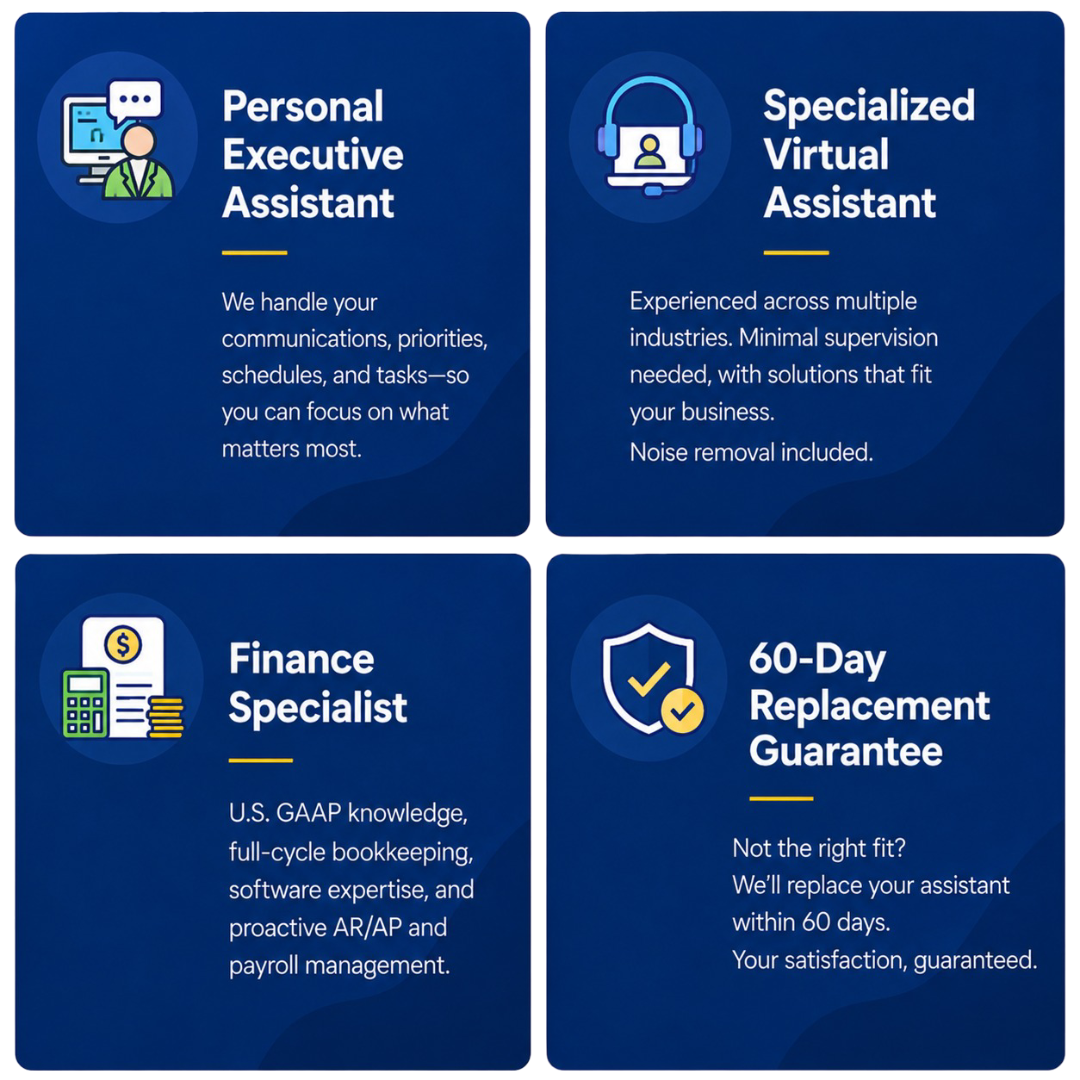 Four blue promotional cards showcasing different virtual assistant services, including personal executive assistant, specialized virtual assistant, finance specialist, and 60-day replacement guarantee.