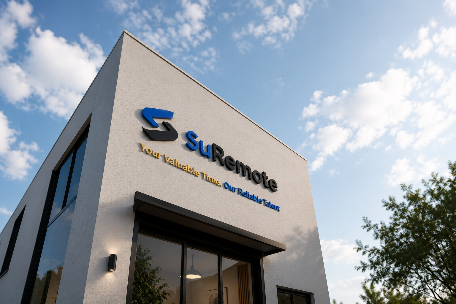 Exterior of a modern white office building with the sign 'SUREMOTE' and tagline 'Your Valuable Time Our Reliable Talent' on the wall, under a partly cloudy sky.