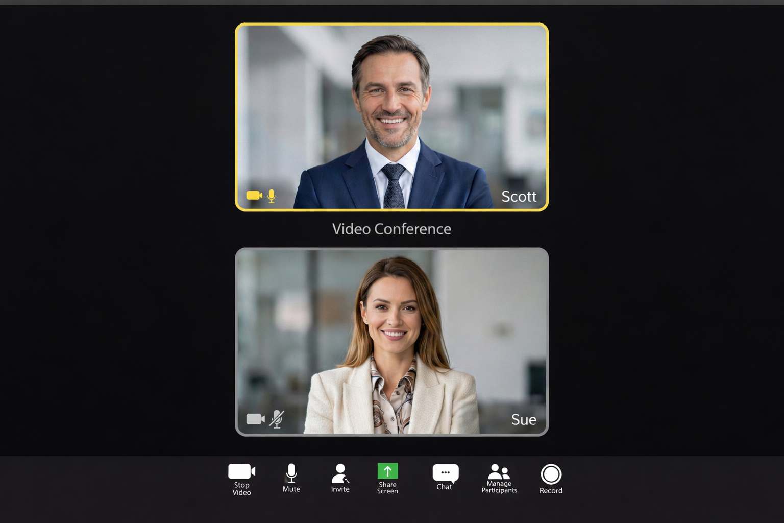 A video conference screen showing two participants, Scott and Sue, both smiling. Scott has short dark hair and is wearing a blue suit, while Sue has shoulder-length blonde hair and is dressed in a cream blazer.