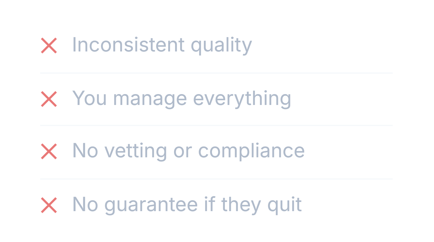 Slide showing four bullet points with red cross icons next to each: 'Inconsistent quality,' 'You manage everything,' 'No vetting or compliance,' and 'No guarantee if they quit'.