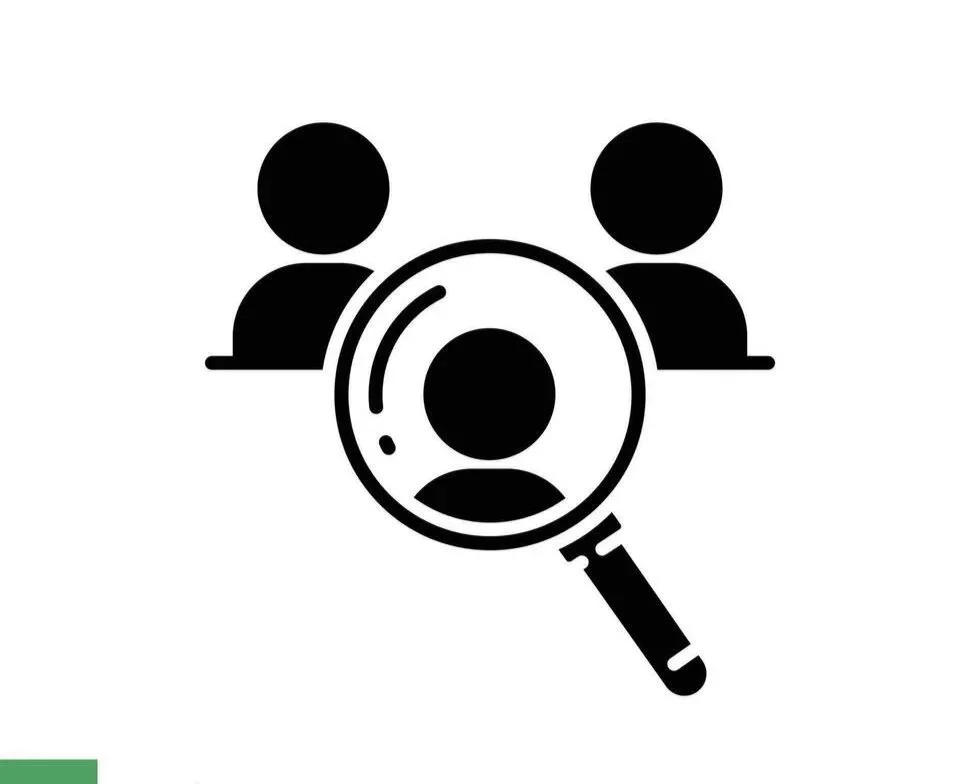 Icon of three people with a magnifying glass focusing on one person's silhouette.