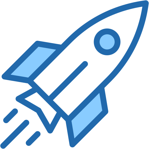 A cartoon-style rocket ship with a white body and blue accents taking off.
