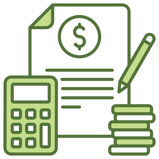 Illustration of financial documents, a calculator, a pen, and a stack of coins.