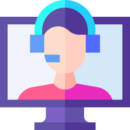 Illustration of a person wearing headphones with a microphone, appearing on a computer screen for customer service or online support.