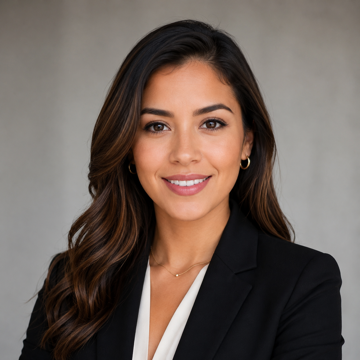 A young woman with long wavy brown hair, wearing a black blazer, white blouse, small gold hoop earrings, and a delicate gold necklace, smiling against a neutral background.