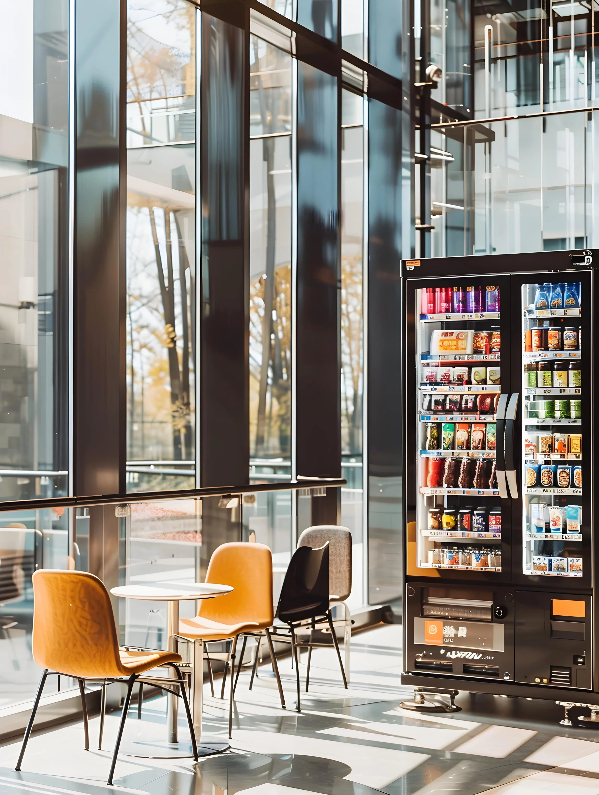 Modern interior with large glass windows, sunlight, tables with yellow and black chairs, and a vending machine filled with snacks and drinks.