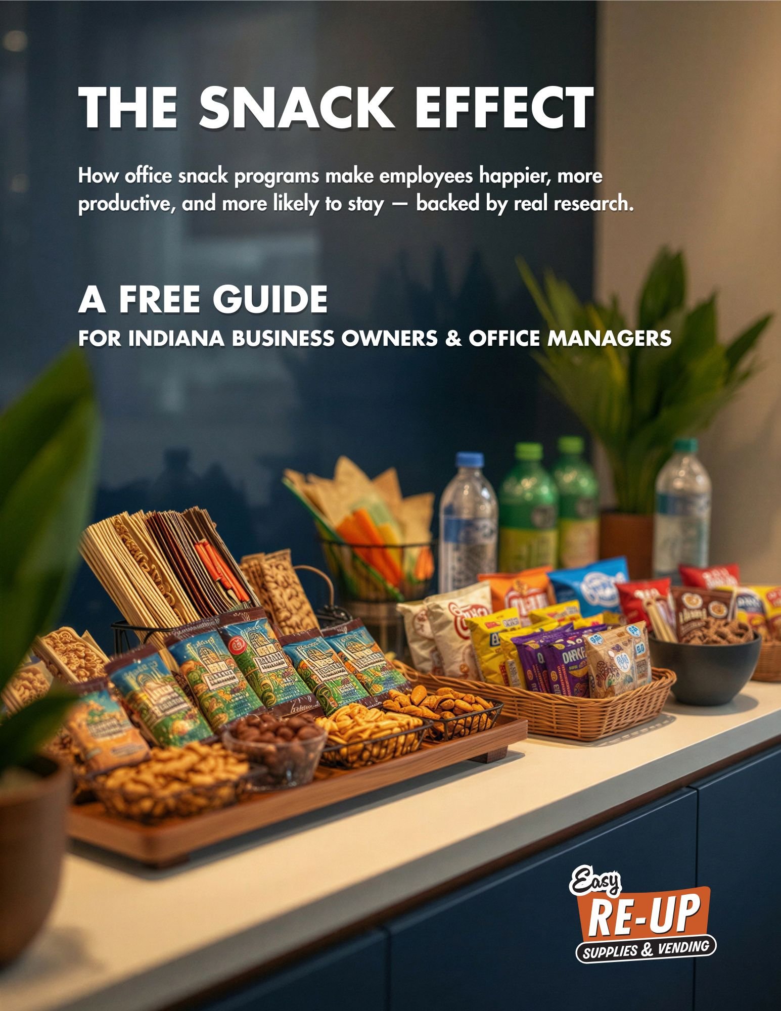 Cover image for our free business guide, The Snack Effect. Shows a very modern snack setup in an office break room.