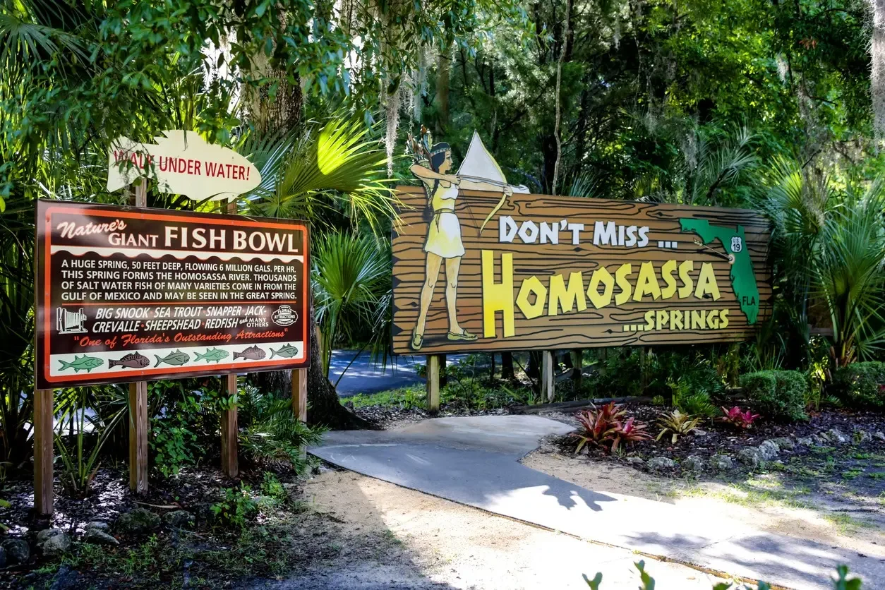 Sign at Homosassa Springs indicating the location as a spring in Florida known for its fish, including a cartoon figure of a girl with a bow and arrow, and lush greenery surrounding the signs.