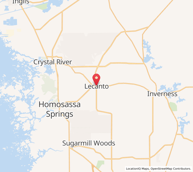 Map showing the location of Lecanto in Florida, with nearby towns Crystal River, Homosassa Springs, Inverness, and Sugarmill Woods, as well as surrounding bodies of water.
