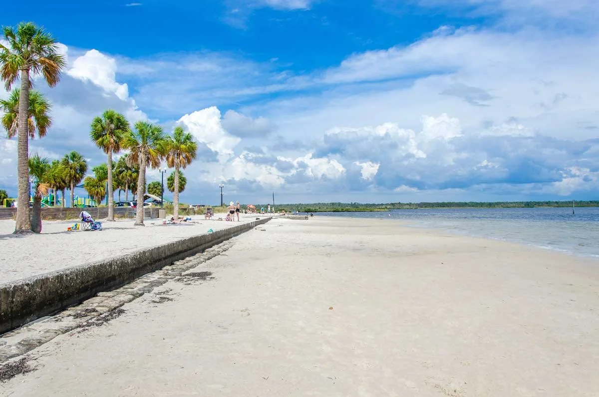 A sunny beach scene with palm trees along the shoreline, a concrete seawall, a few people relaxing under umbrellas, and a partly cloudy sky over the water.