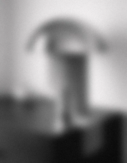 Blurred image of a person or object with a curved shape on top, placed on a surface.