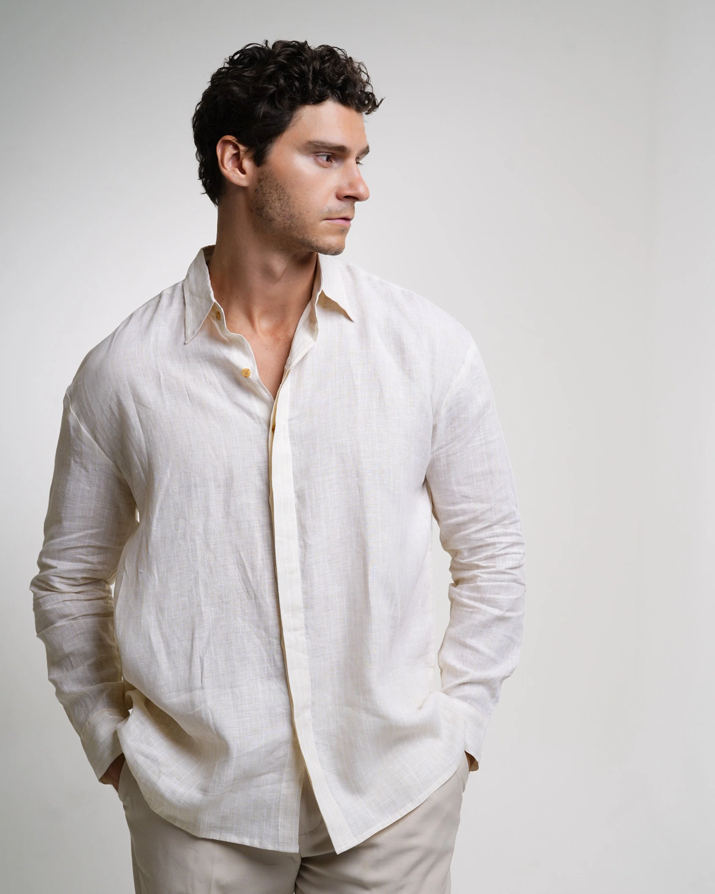 The Capri Shirt in Pinstripe Beige