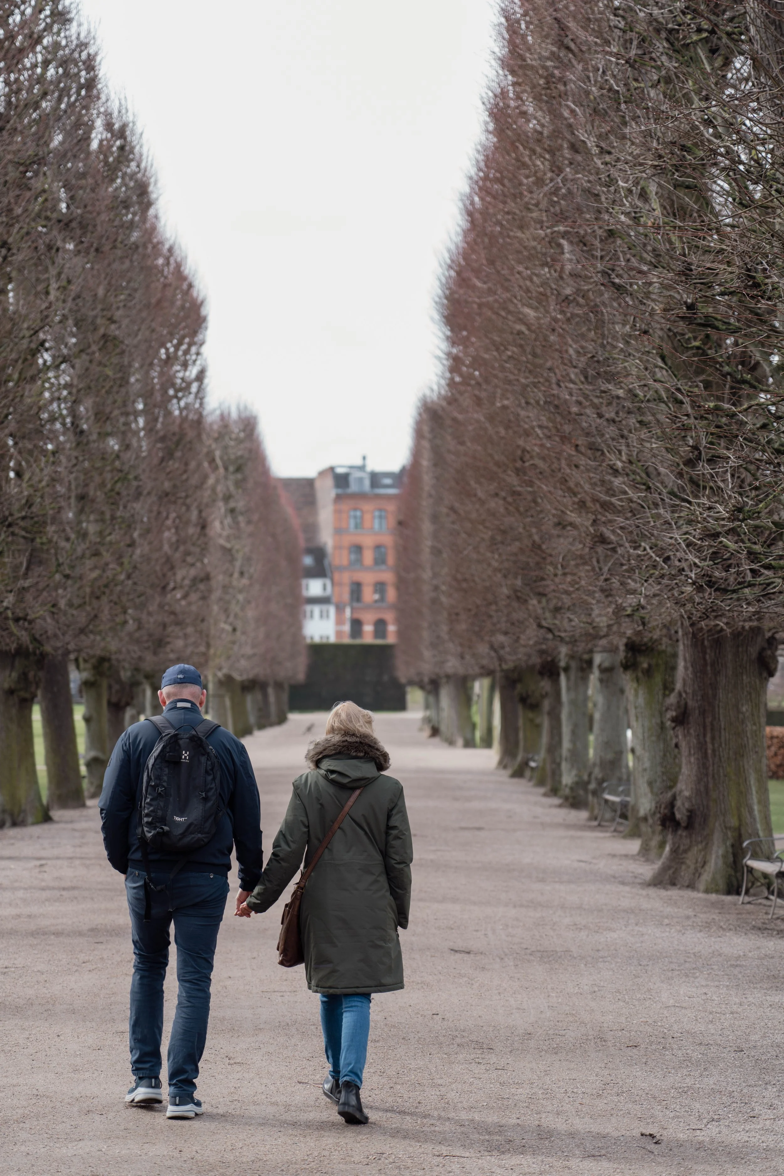 Two people walking hand in hand along a tree-lined pathway in a park, with buildings visible in the distance.