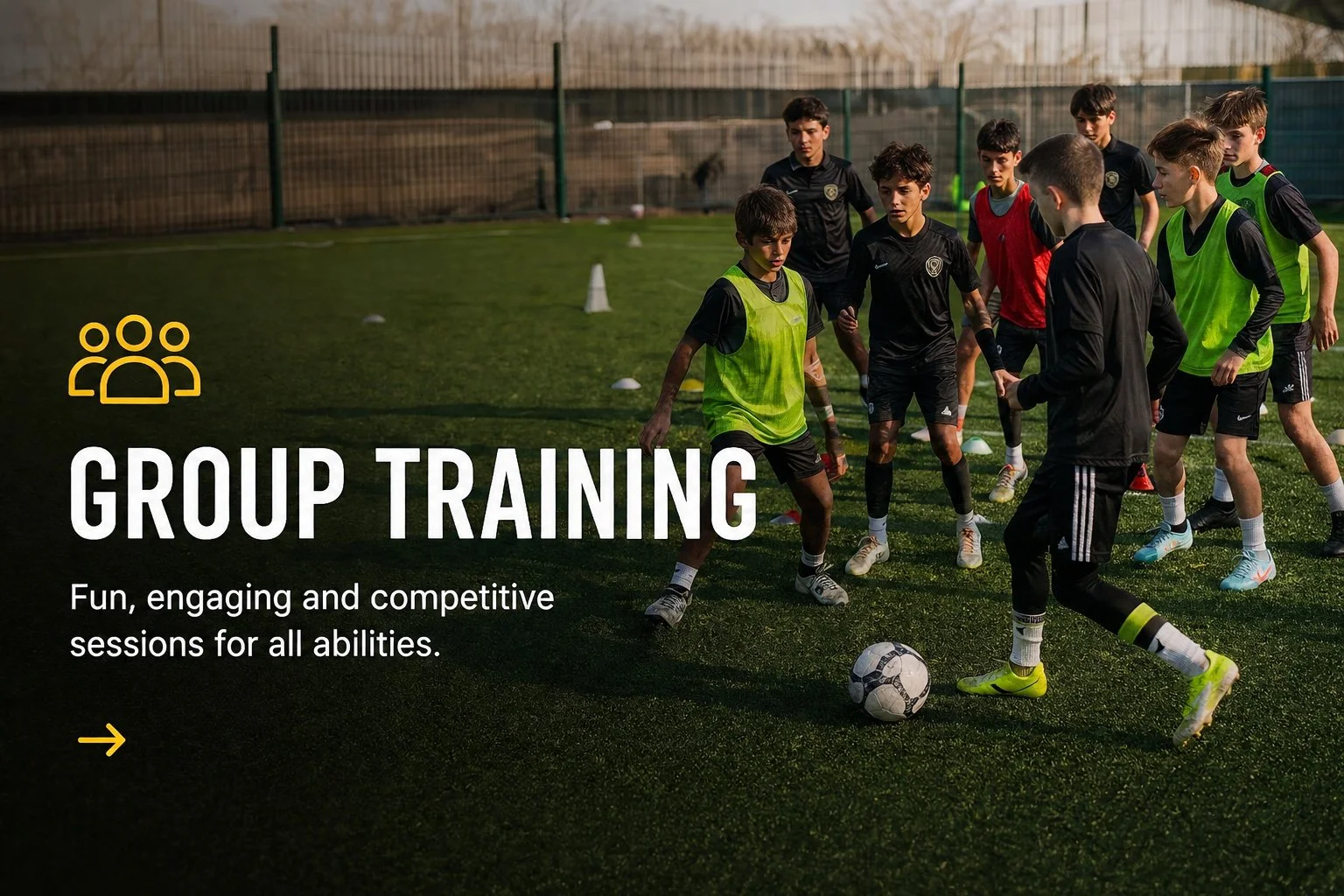 Group football training session in Milton Keynes with young players improving skills.