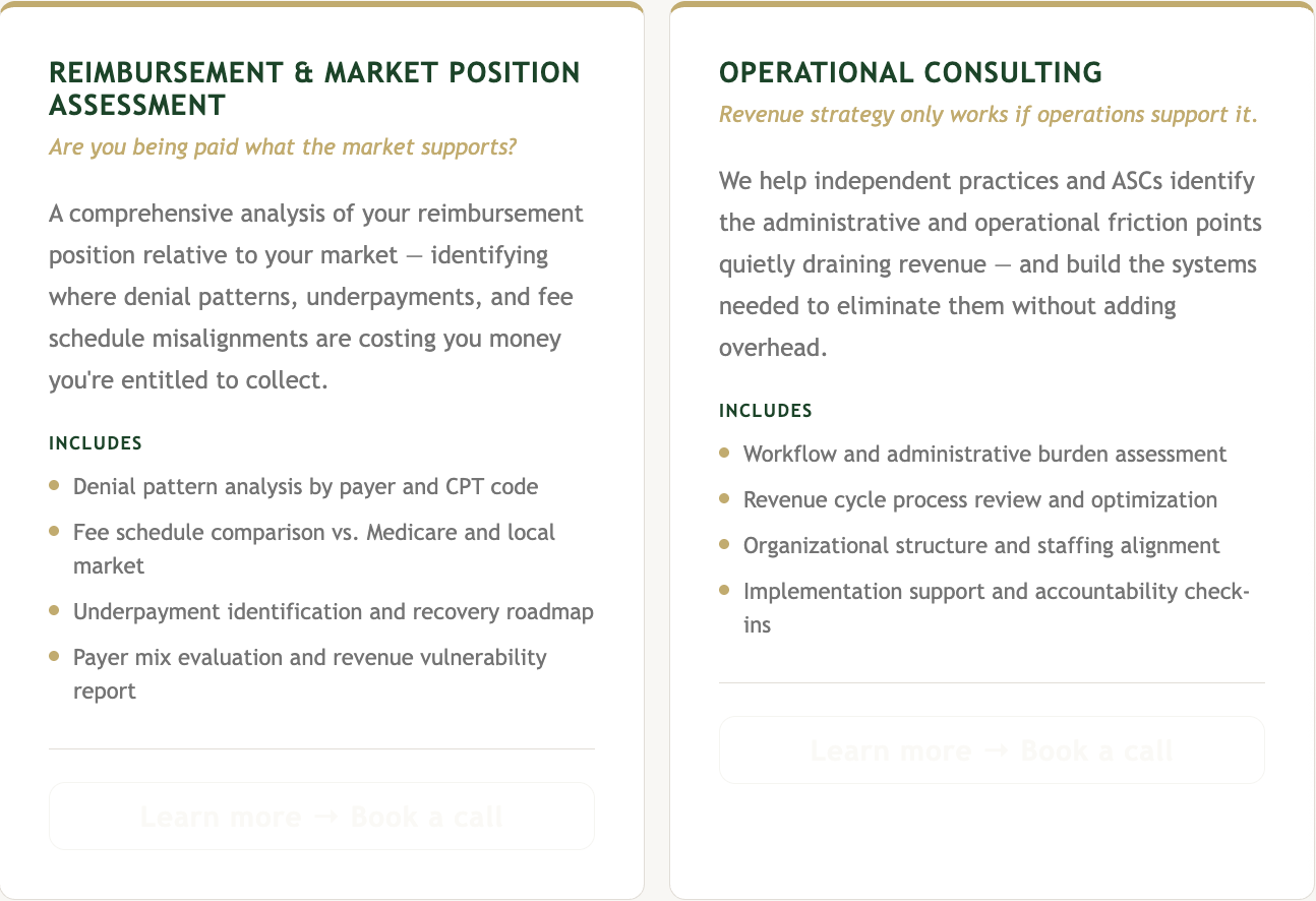 Comparison of two consulting services with descriptions and bullet points, titled 'Reimbursement & Market Position Assessment' and 'Operational Consulting'.