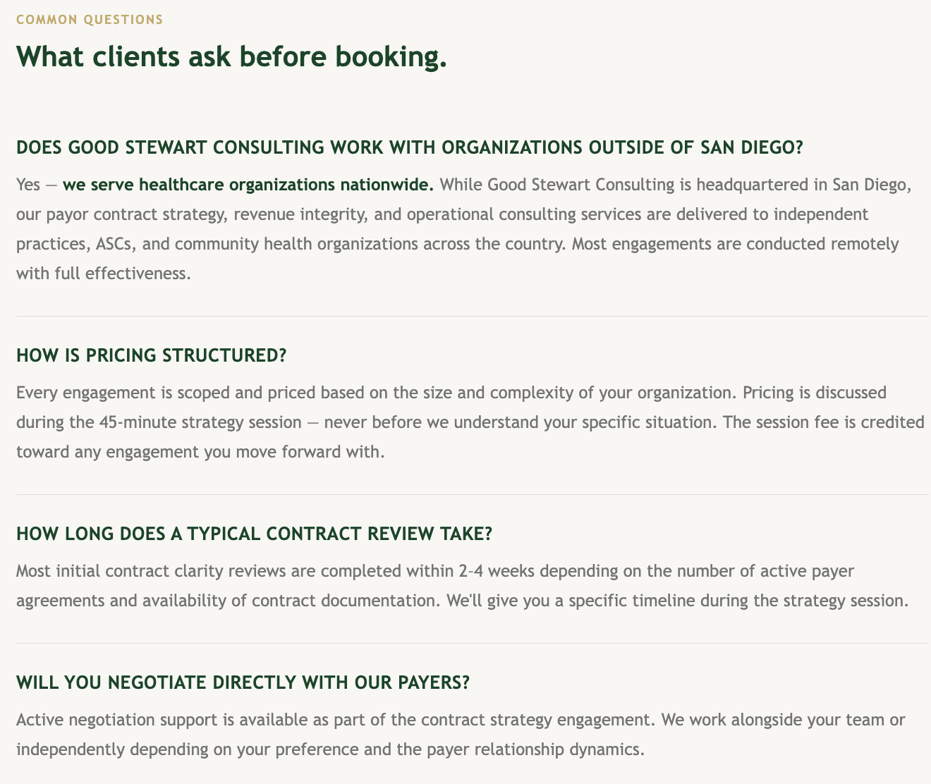 Screenshot of a FAQ section titled 'What clients ask before booking' with questions about consulting work, pricing, contract review, and negotiations, accompanied by detailed answers.