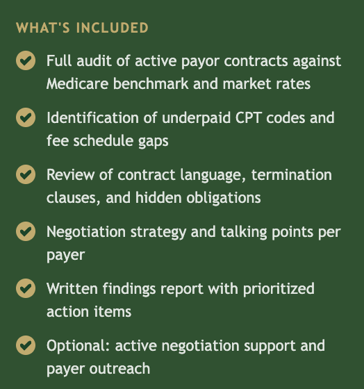 Checklist of services including audit of active payor contracts, identification of underpaid CPT codes, review of contract language, negotiation strategy, written report with action items, and optional negotiation support.
