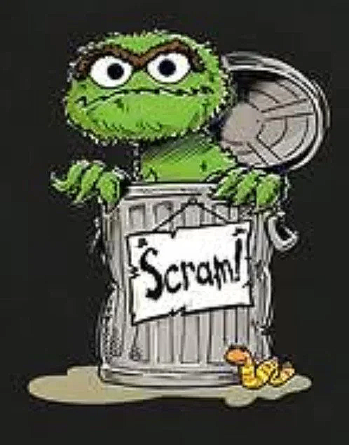 Cartoon of a green frog with big eyes peeking out of a trash can labeled 'Scram!', with a small yellow toy duck outside the trash can on the ground.
