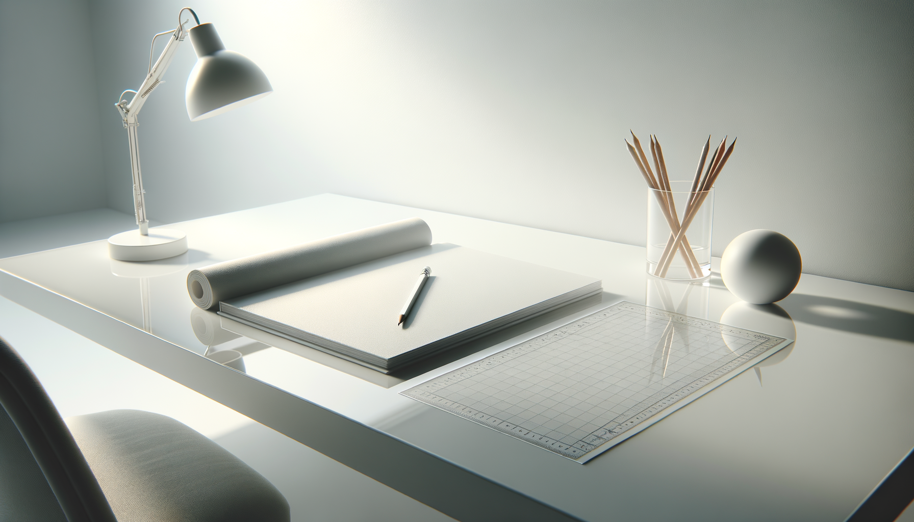 Minimalist white desk with a modern desk lamp, a stack of large paper, a pencil, a cutting mat with grid lines, a glass container with pencils, and a white spherical object, all illuminated by natural light.