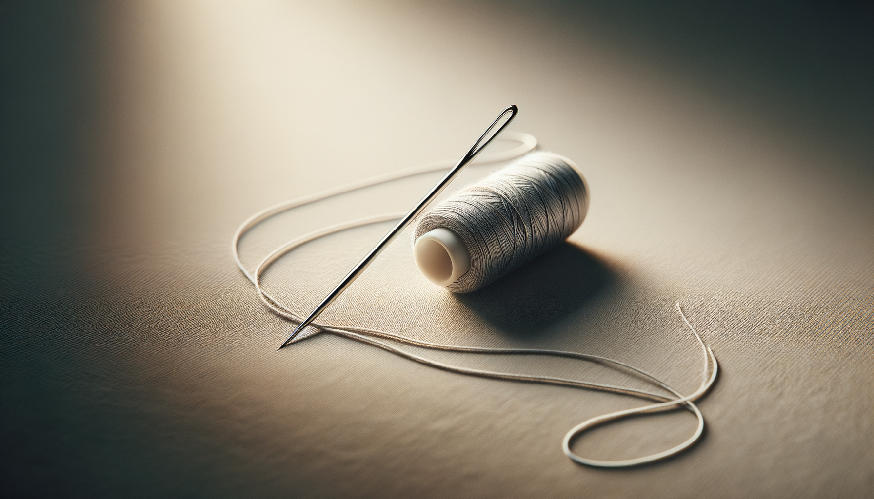 A sewing needle, white thread, and a spool of grey thread on a beige fabric surface.
