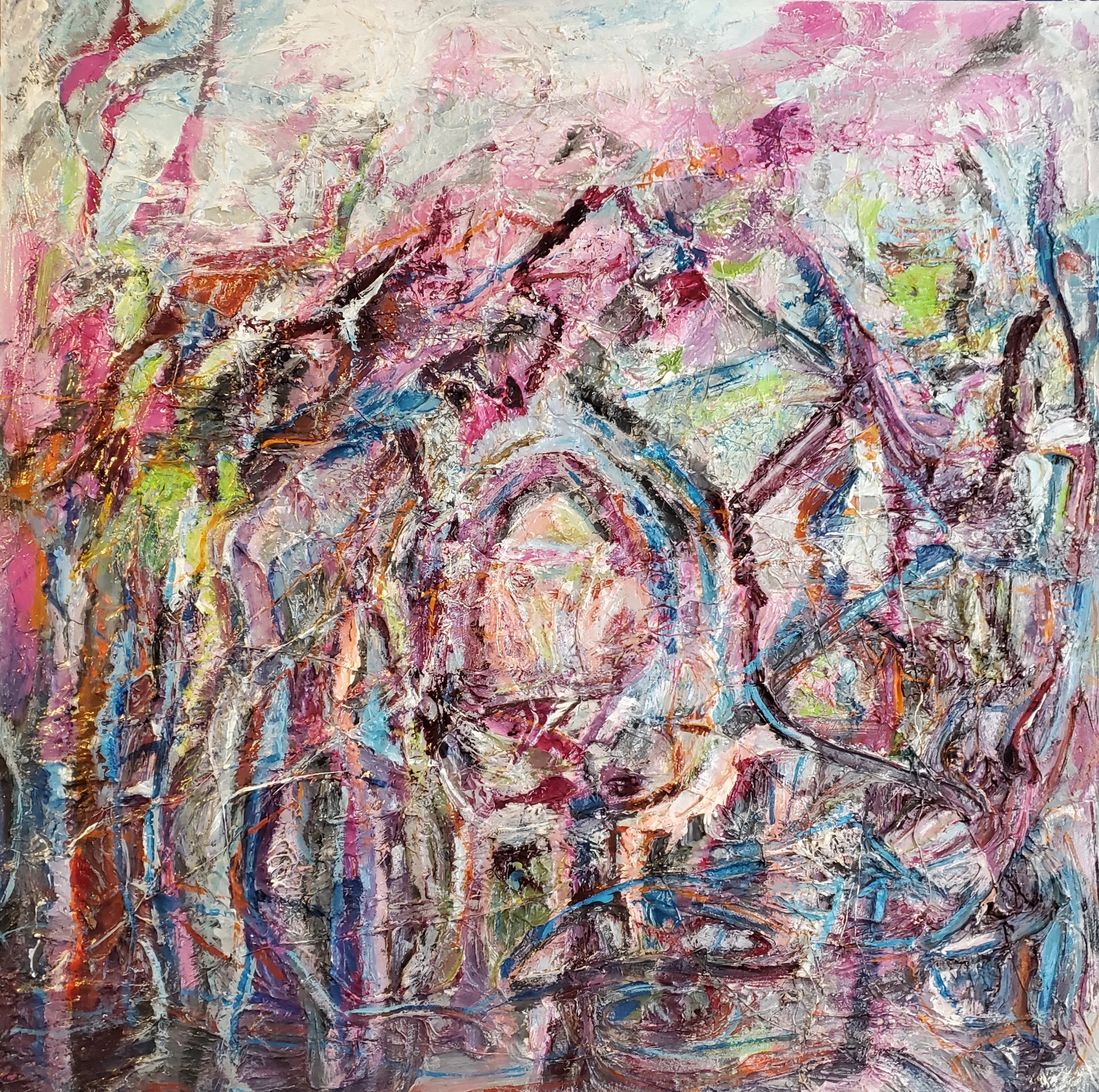 Abstract expressionist painting with vibrant splashes of pink, purple, blue, green, black, and white, with textured, thick brushstrokes.
