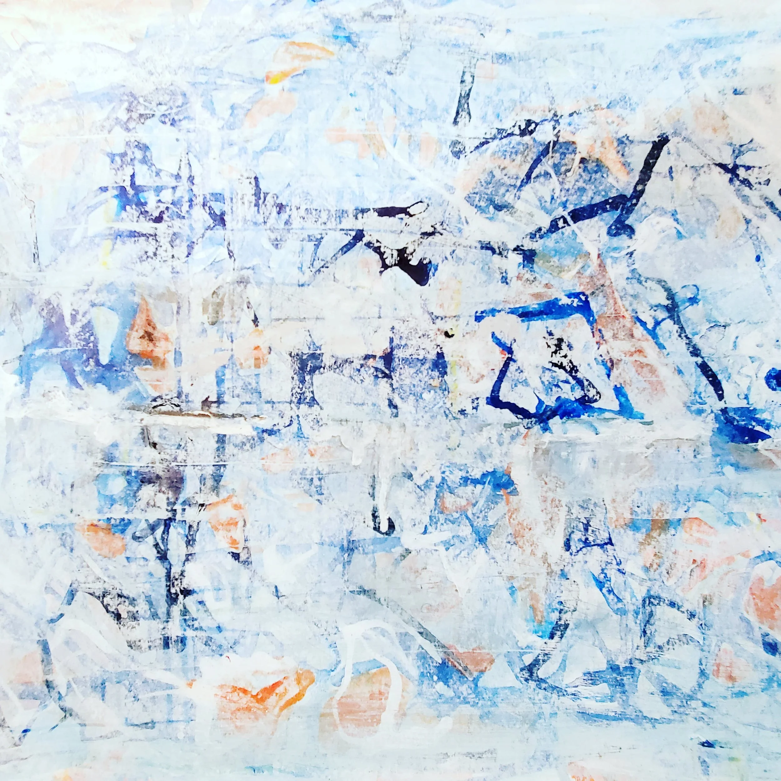 Abstract watercolor painting with blue, orange, and white shades, featuring irregular shapes and textures.