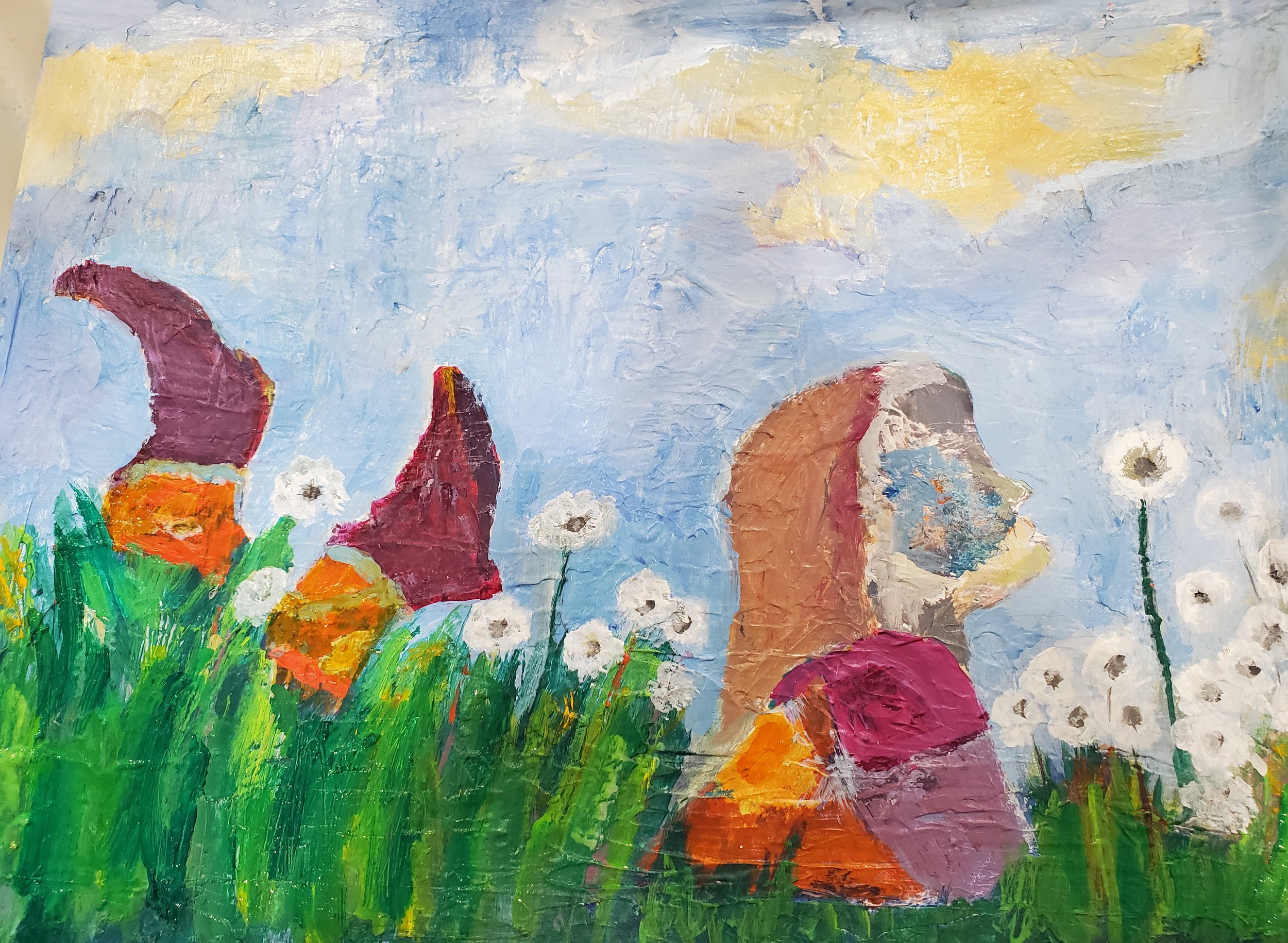 A colorful painting of a garden with flowers and rocks under a blue sky with clouds.