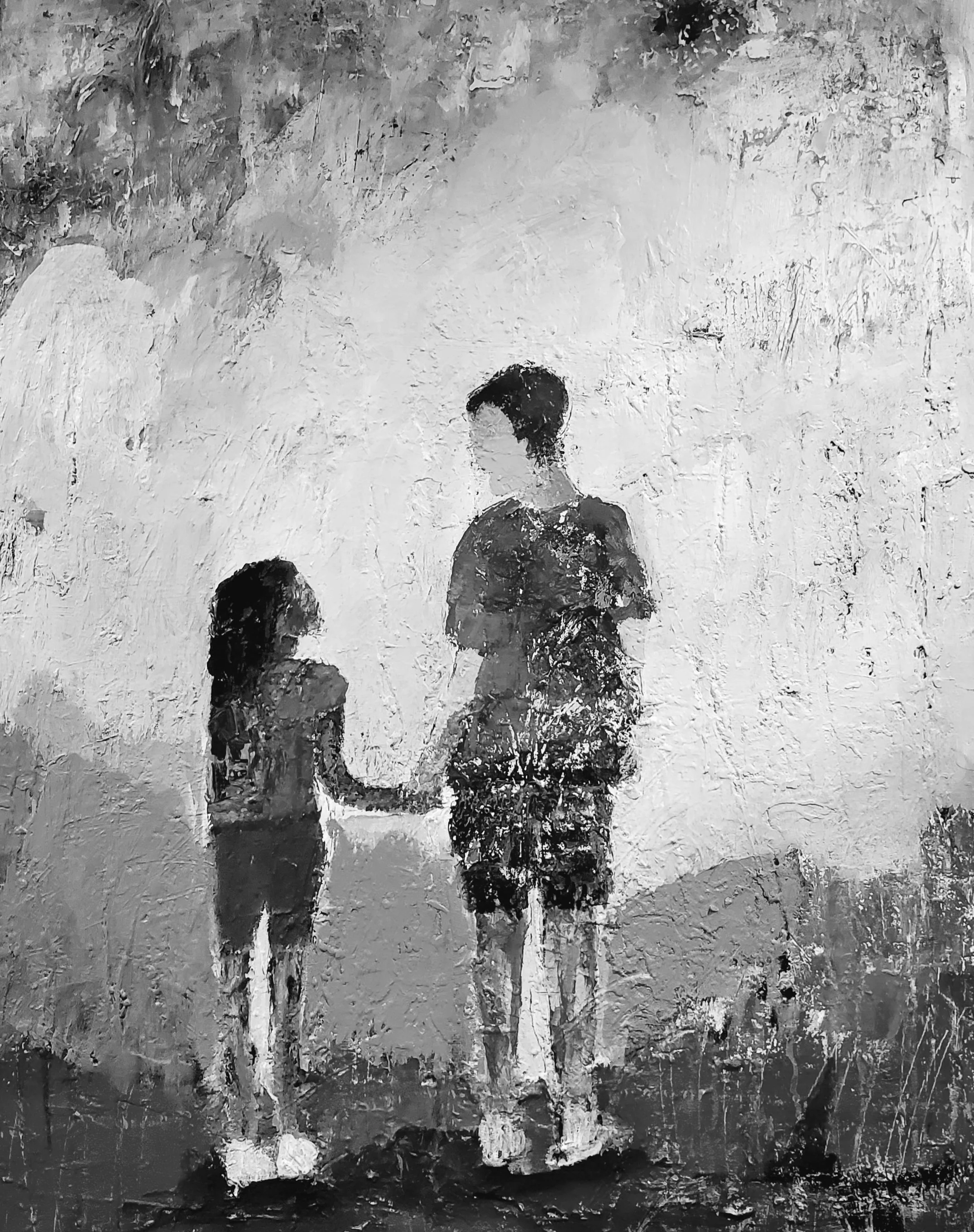 A black and white painting of three seated figures viewed from behind against an abstract background.