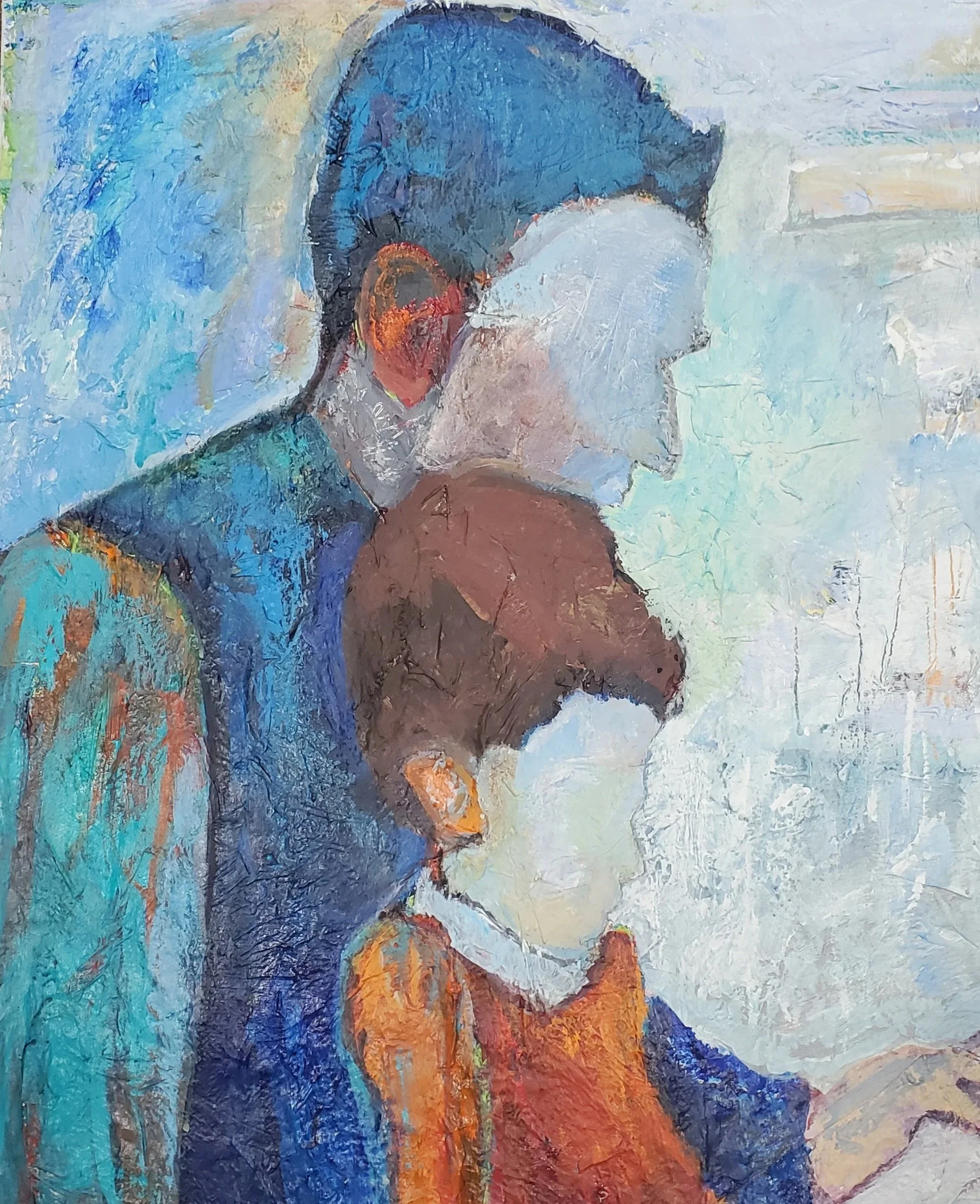 A painted portrait of two people, a man and a woman, in an abstract, impressionistic style with vibrant colors and textured brushstrokes.