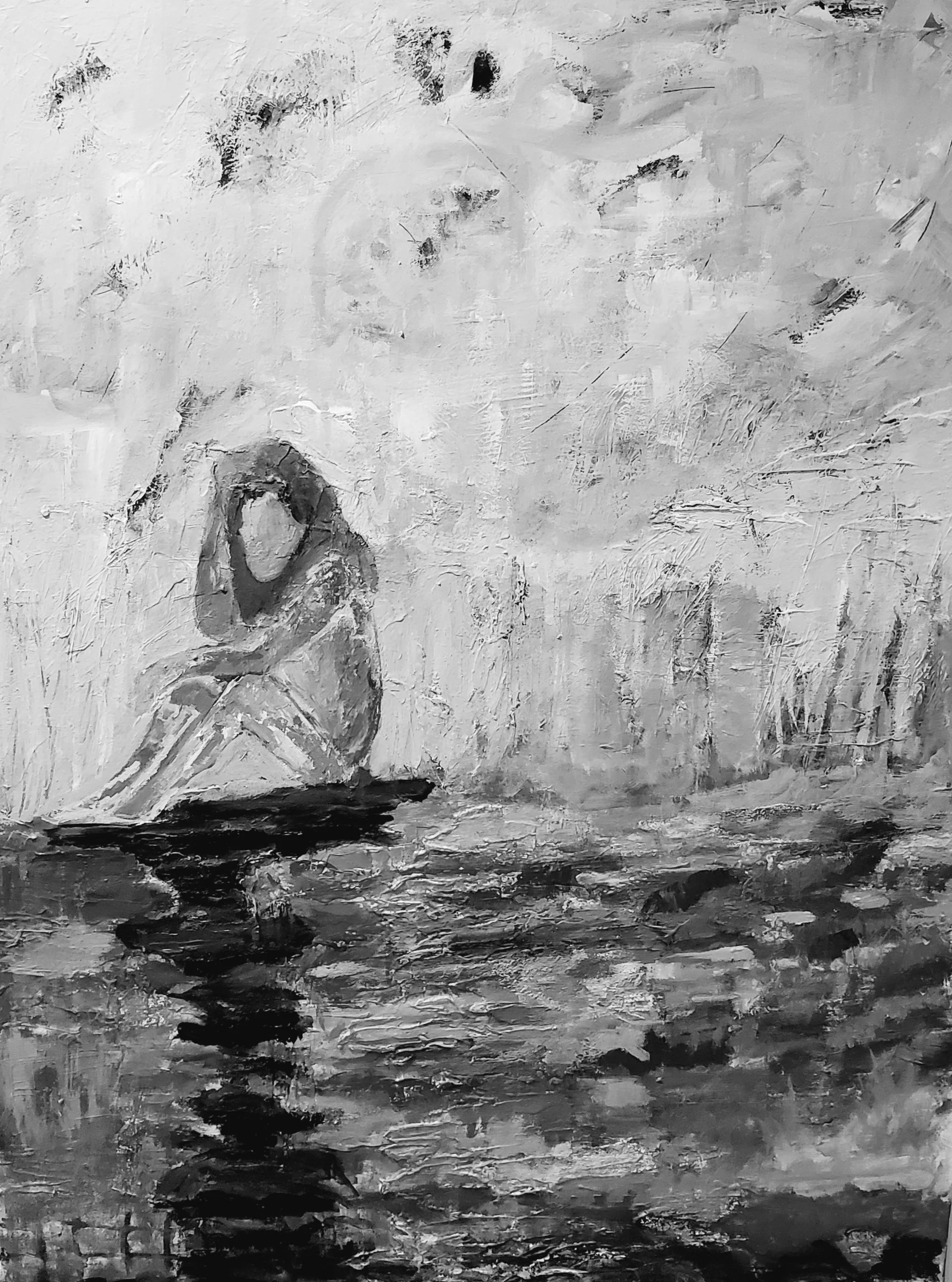 Abstract black and white painting with textured, brushstroke patterns.