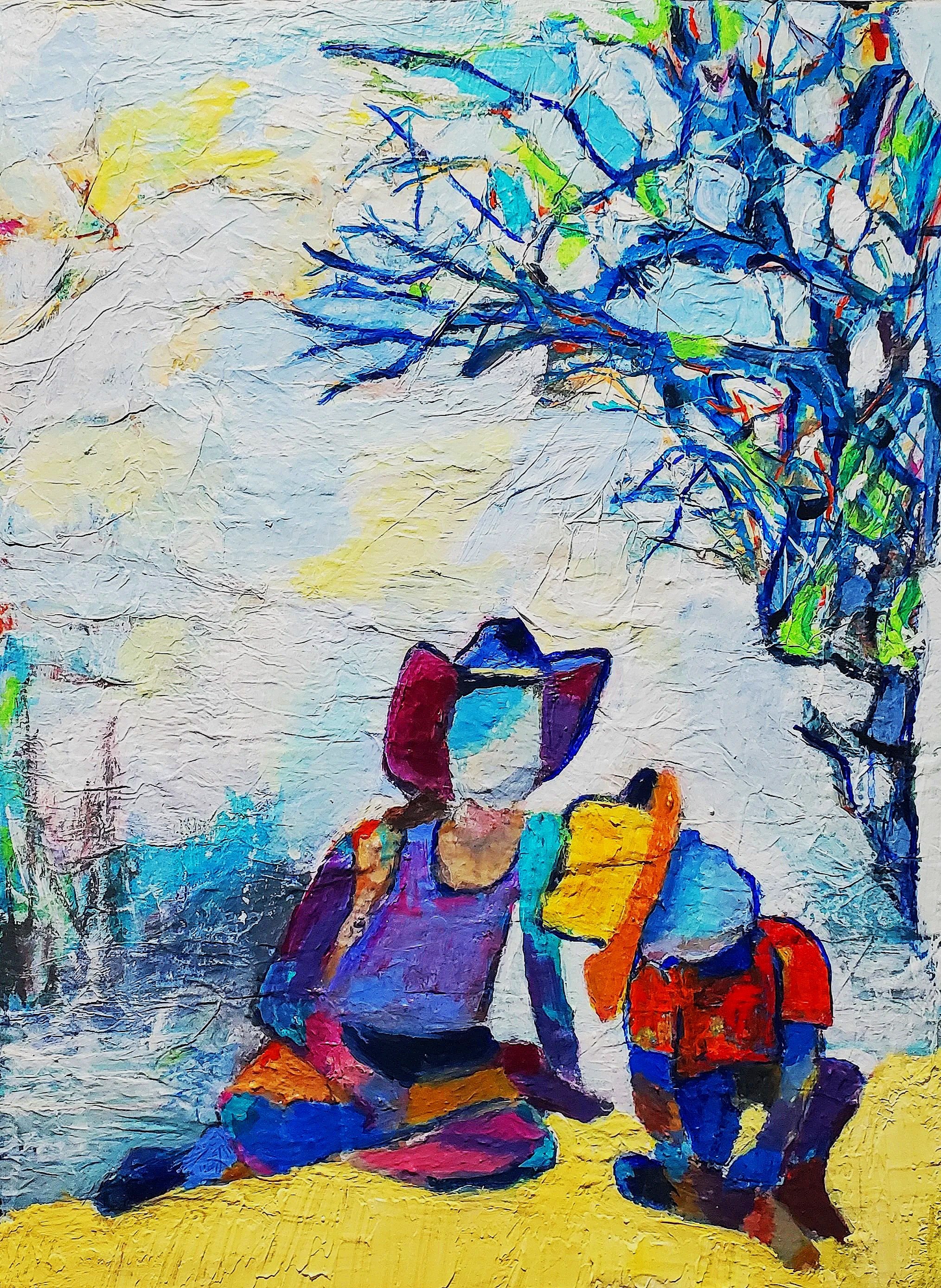 A colorful, abstract painting depicting two children with backpacks sitting on a yellow ground, looking at an intricate tree with vibrant blue branches and multicolored leaves.