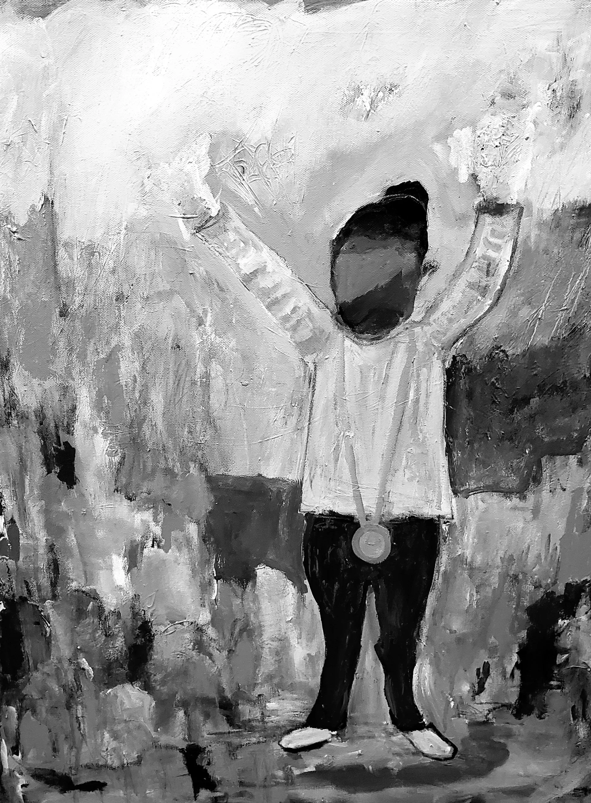 Black and white painting of a woman holding an umbrella and an umbrella stand, standing outdoors on a rainy day.