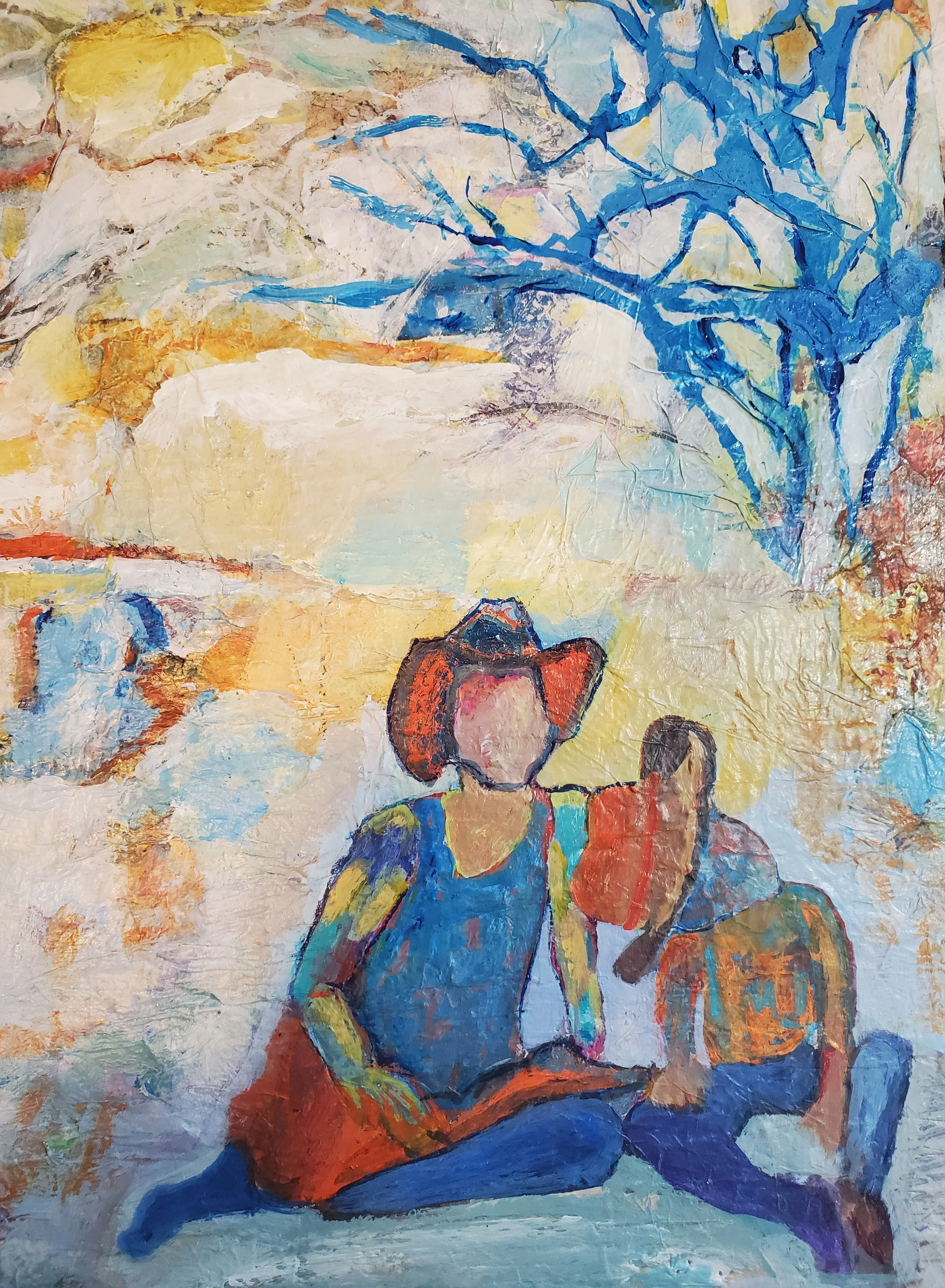 A colorful abstract painting depicting two figures, a woman with red hair and a man with dark hair, sitting together with a background of swirling bright colors.