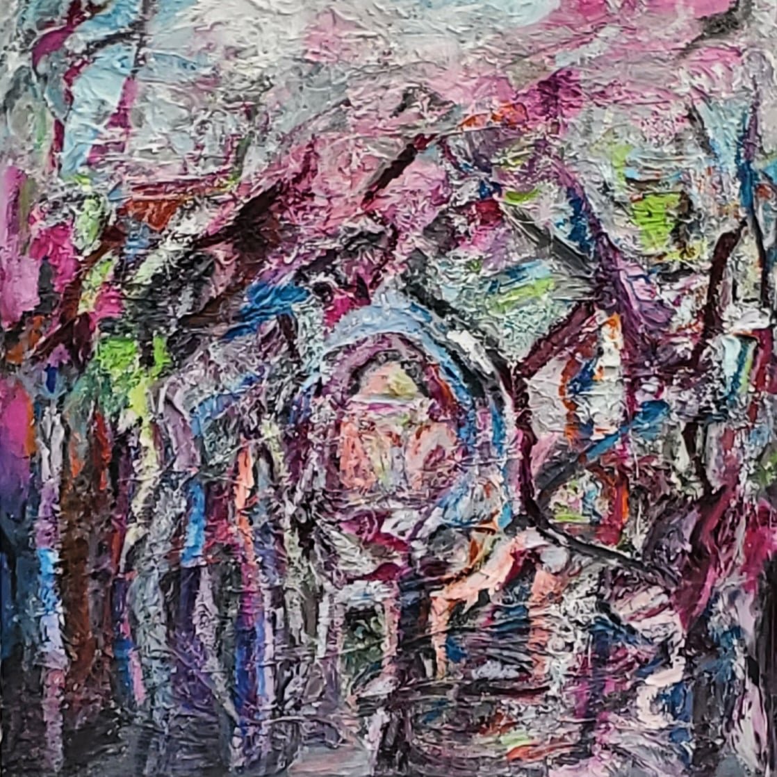 Abstract colorful painting with thick textured brushstrokes in pink, purple, black, white, and other vibrant colors