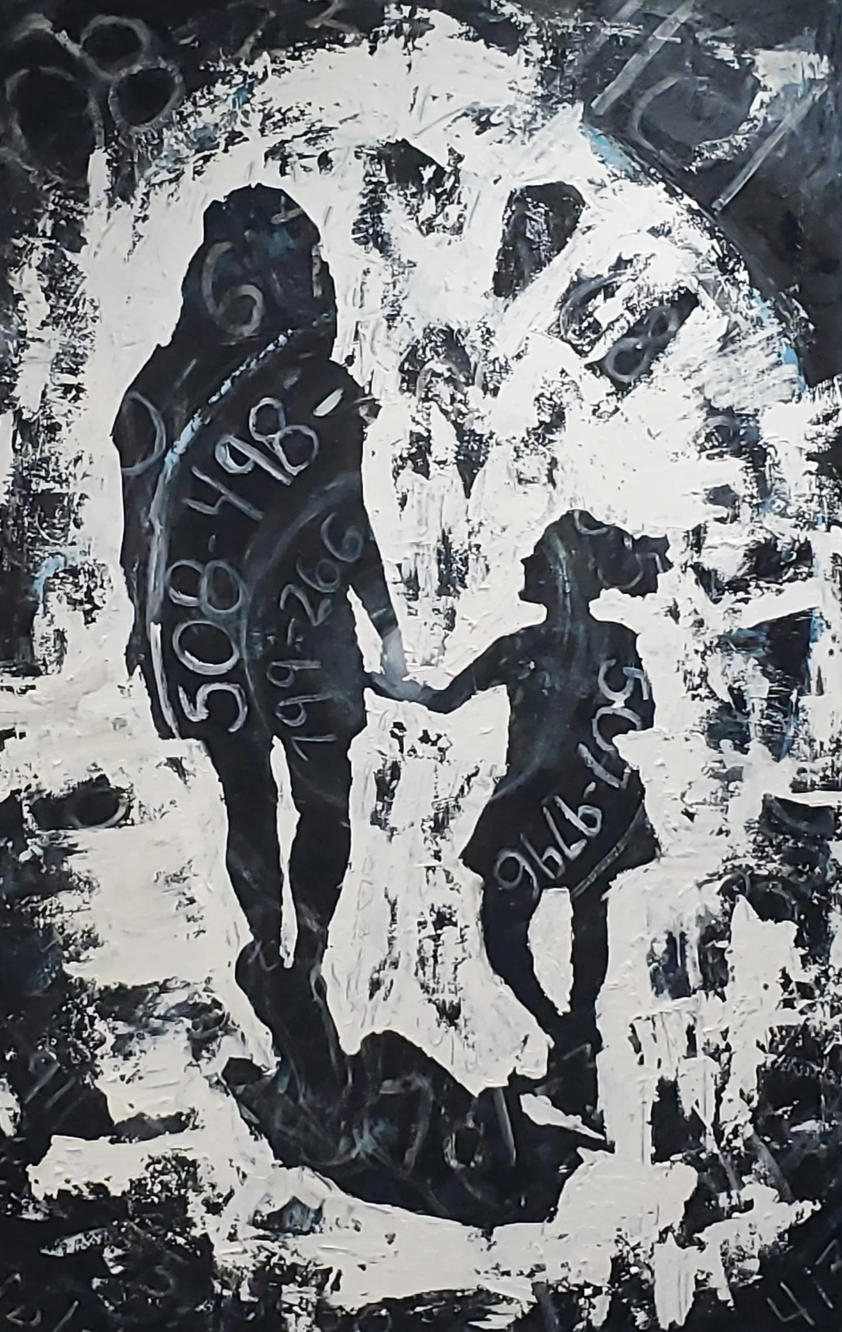 An abstract black and white painting of a person who appears to be wearing a jacket, holding something, with text or numbers on the clothing and background, depicted in a loose, expressive style.