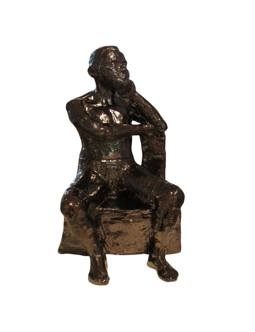 Bronze statue of a seated man with a beard, resting his chin on his hand in a contemplative pose, isolated on a white background.