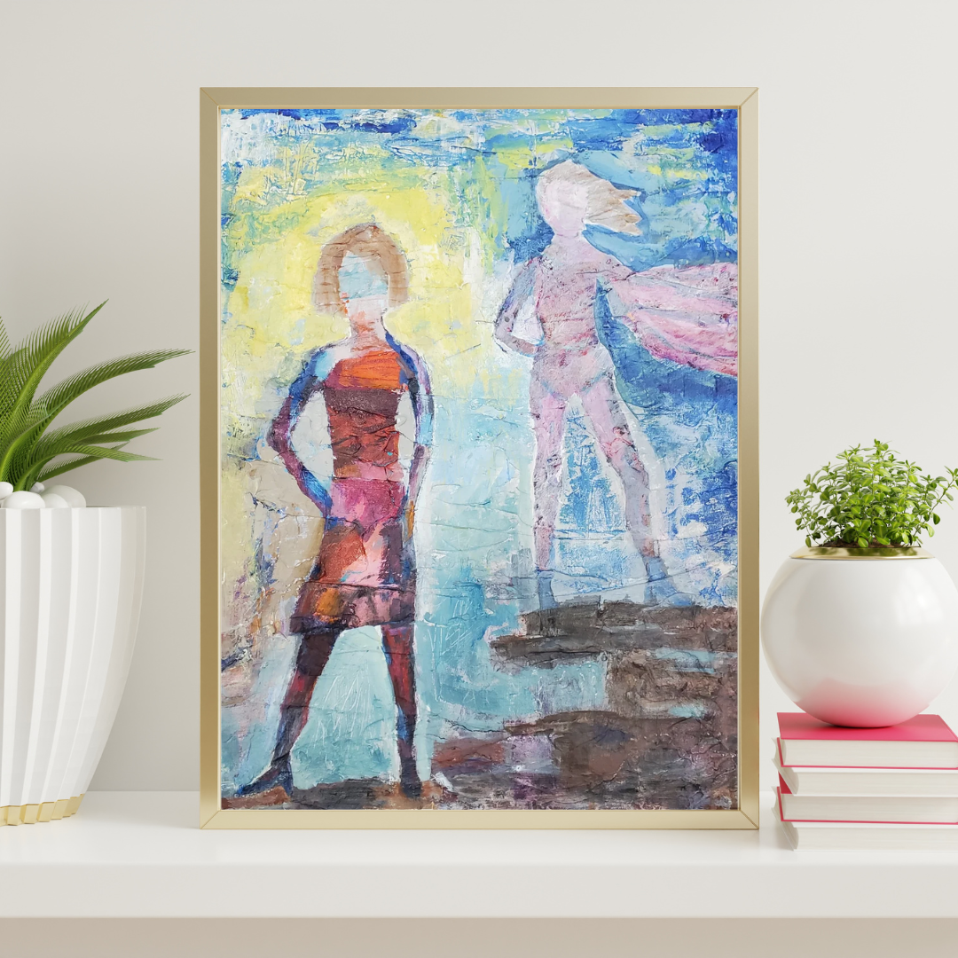A colorful abstract painting of a special-needs mom-turned-superhero, set against a blue, yellow, and pink background. No one is stronger than a special needs mom! This original is perfect for a woman's office or a man's office, celebrating his mom.