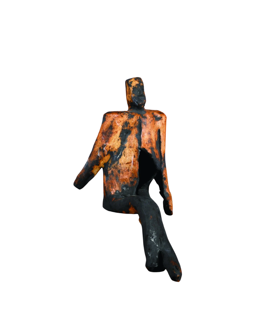 Rusty, black and orange metal sculpture of a seated human figure with one leg crossed over the other and an abstract head, set against a white background.