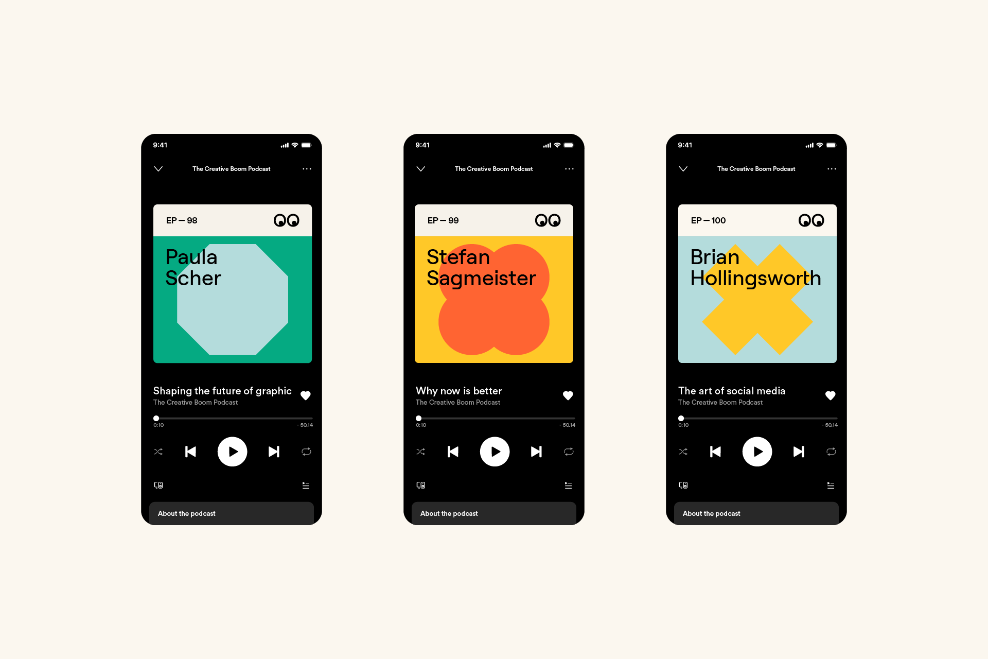 Screenshots of three podcast episodes from The Creative Boom Podcast, showing episode numbers, titles, guest names, and colorful geometric background designs on a mobile device interface.