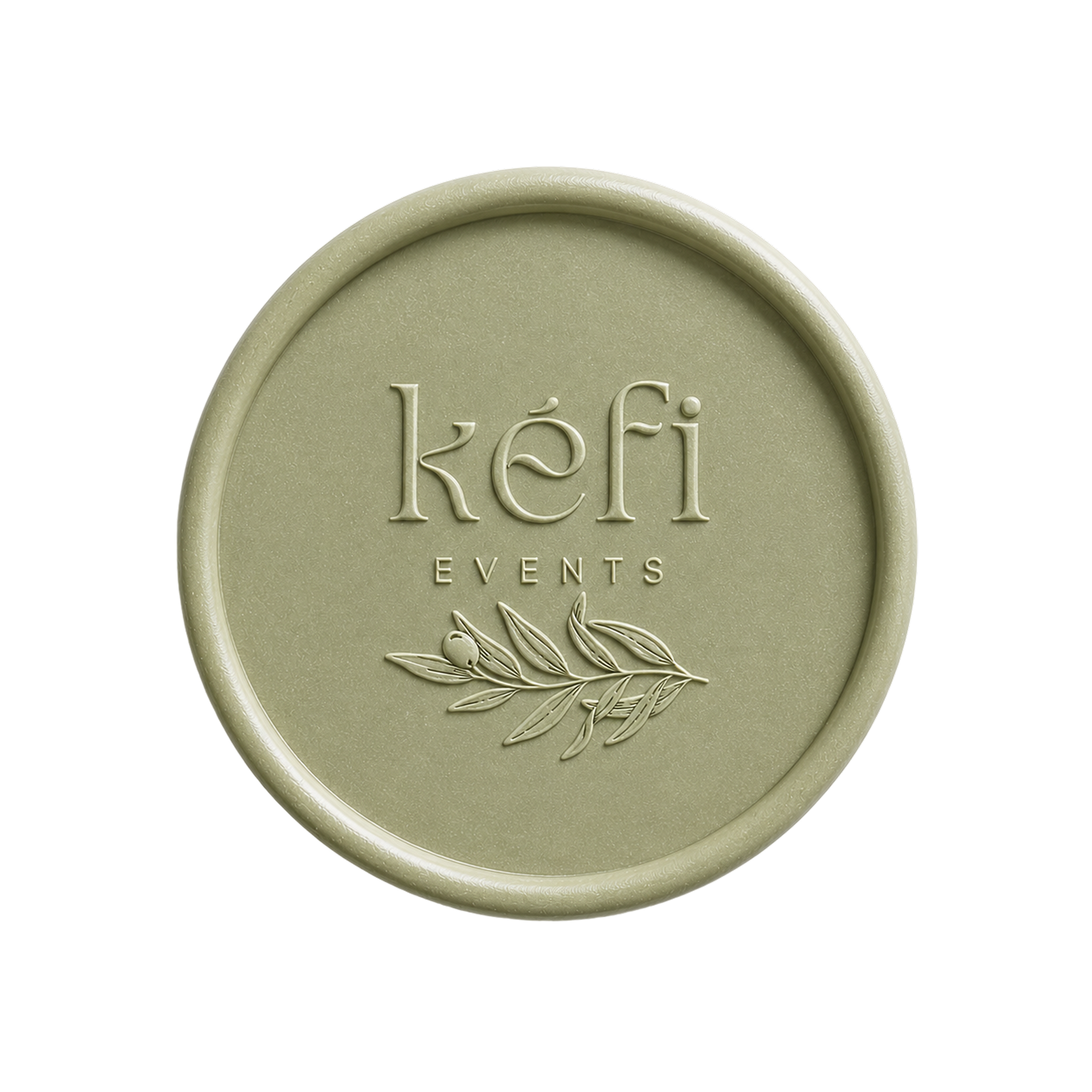 A beige circular emblem with engraved text and a decorative branch motif, set against a black background.