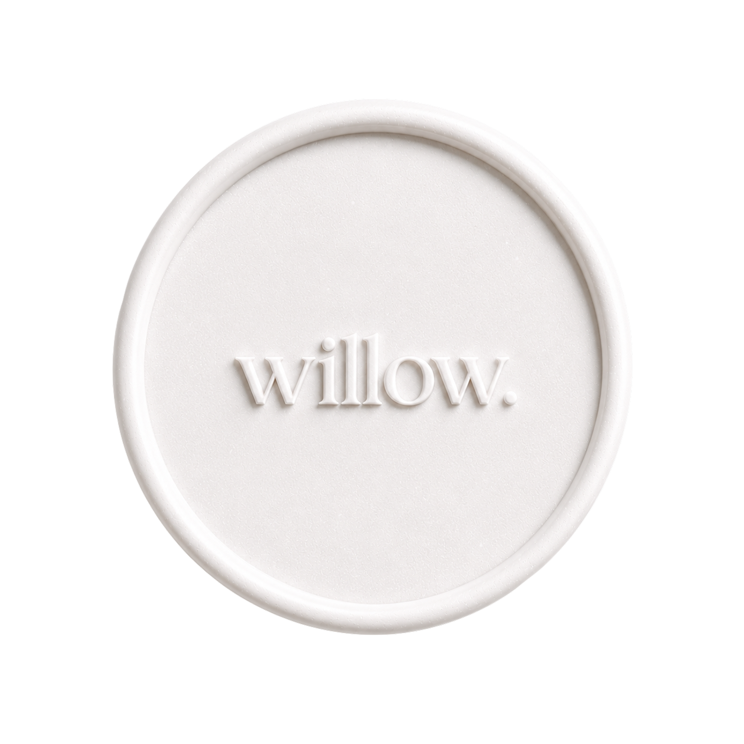 Close-up of a white circular object with embossed text that reads 'Willow' against a black background.