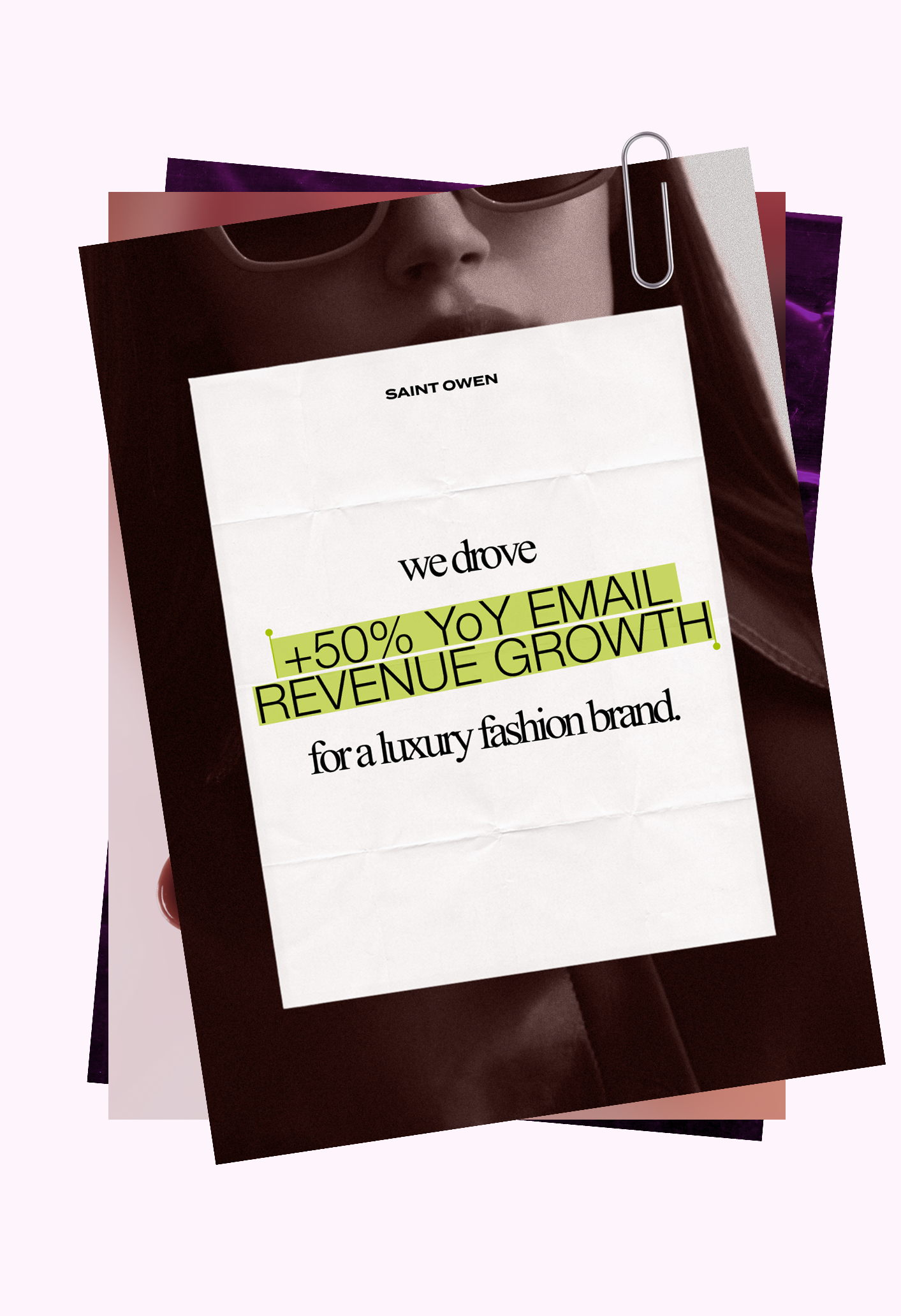 Close-up of a woman wearing sunglasses, holding a paper with text about revenue growth for a luxury fashion brand, with multiple similar images behind her.